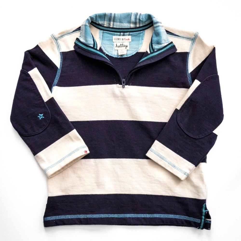 Hatley Boys 3T Striped Rugby Polo Shirt Quarter Zip Navy Blue
